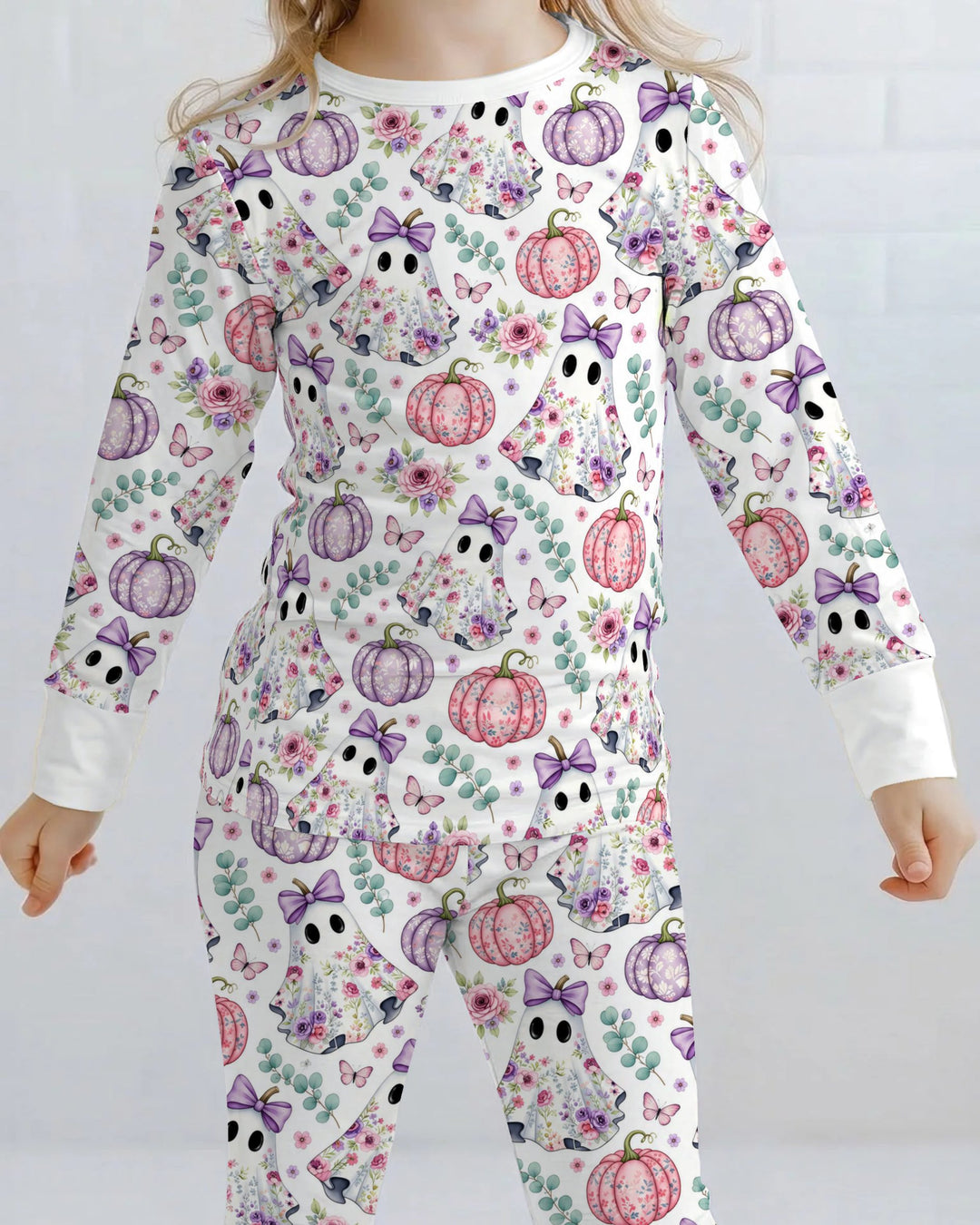 Floral Ghost & Pumpkin Garden Bamboo Two Piece Long Sleeve Pajama Set
