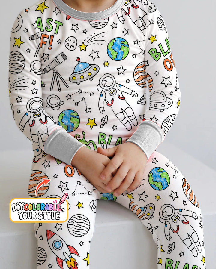 Blast Off Space Adventure Colorable Bamboo Two Piece Long Sleeve Pajama Set