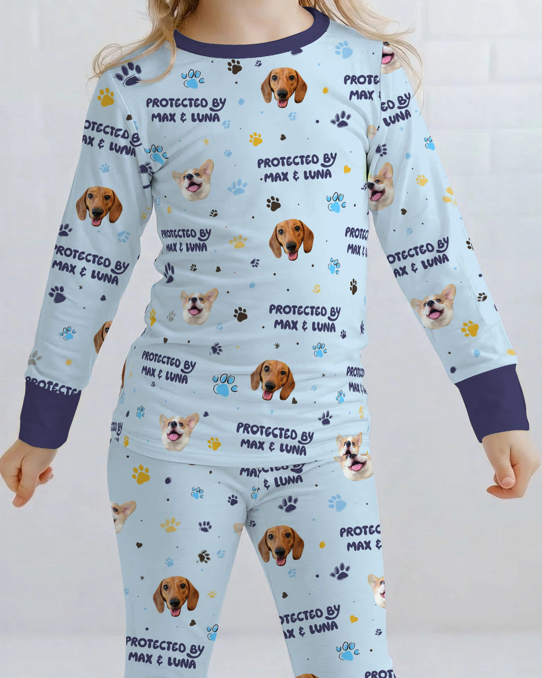 Custom Dog Photos "Protected By" Pawfect Blue Bamboo Two Piece Long Sleeve Pajama Set