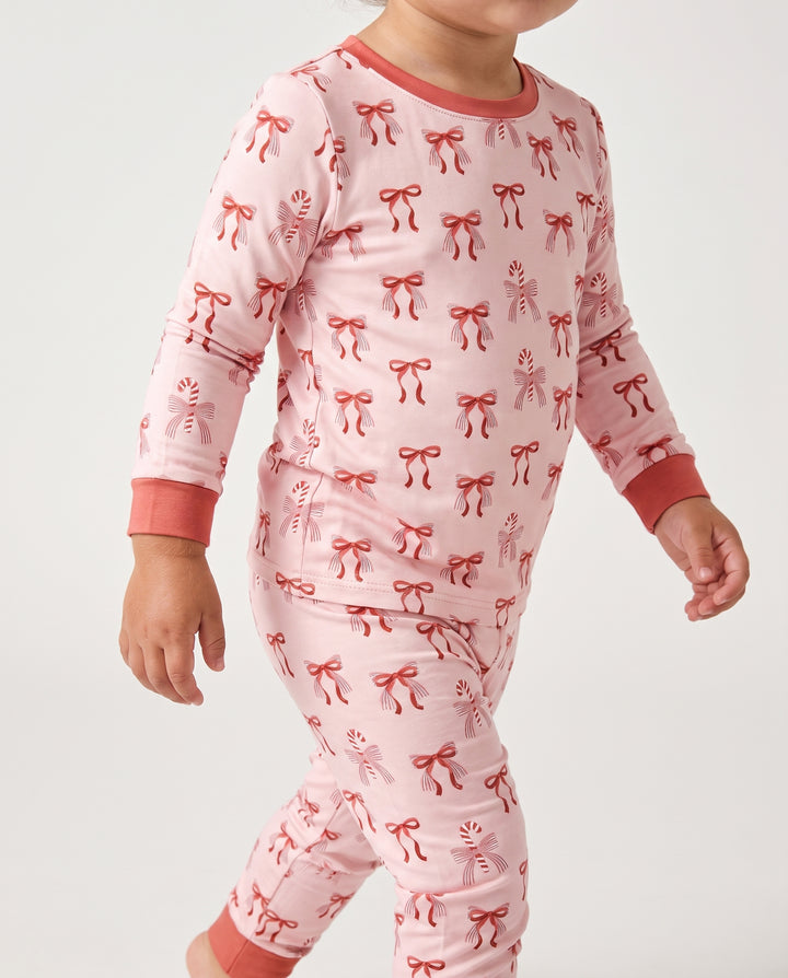 Candy Cane Bow Delight Bamboo Two Piece Long Sleeve Pajama Set