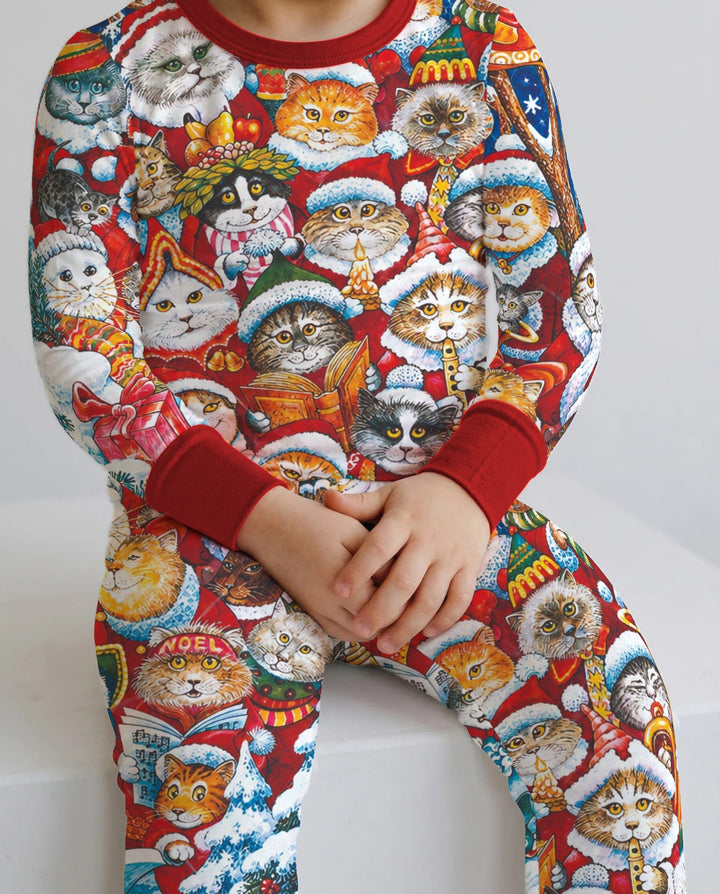Cat Wears Noel Hat Bamboo Two Piece Long Sleeve Pajama Set