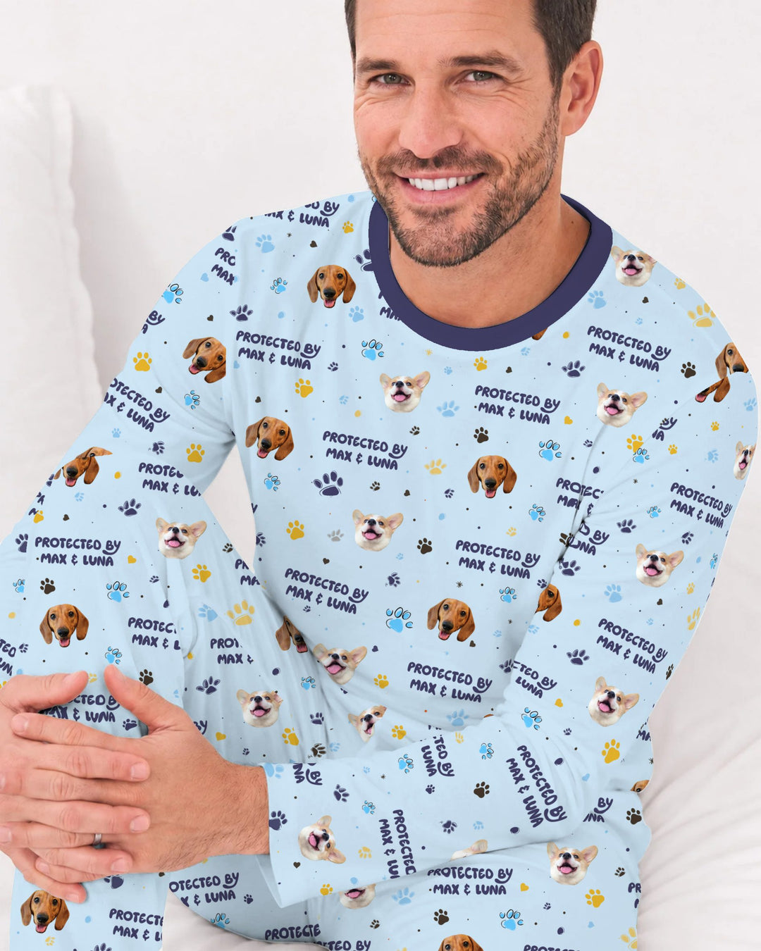 Custom Dog Photos "Protected By" Pawfect Blue Bamboo Men's Pajama Set