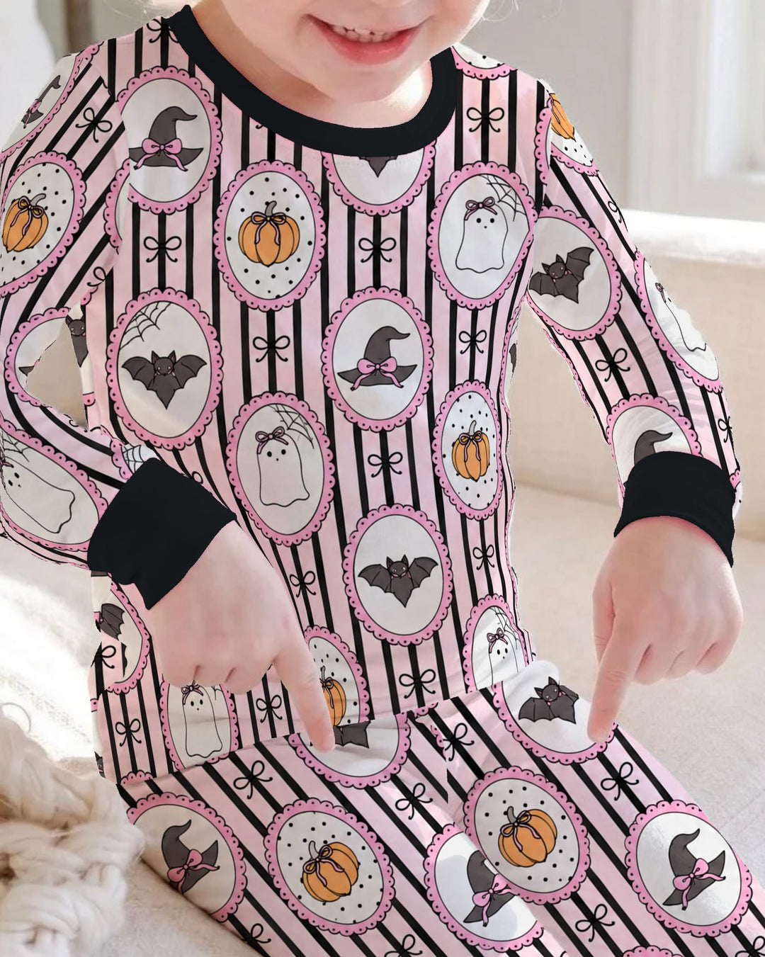Glow In The Dark Pink Spooky Cameo Stripe Bamboo Two Piece Long Sleeve Pajama Set