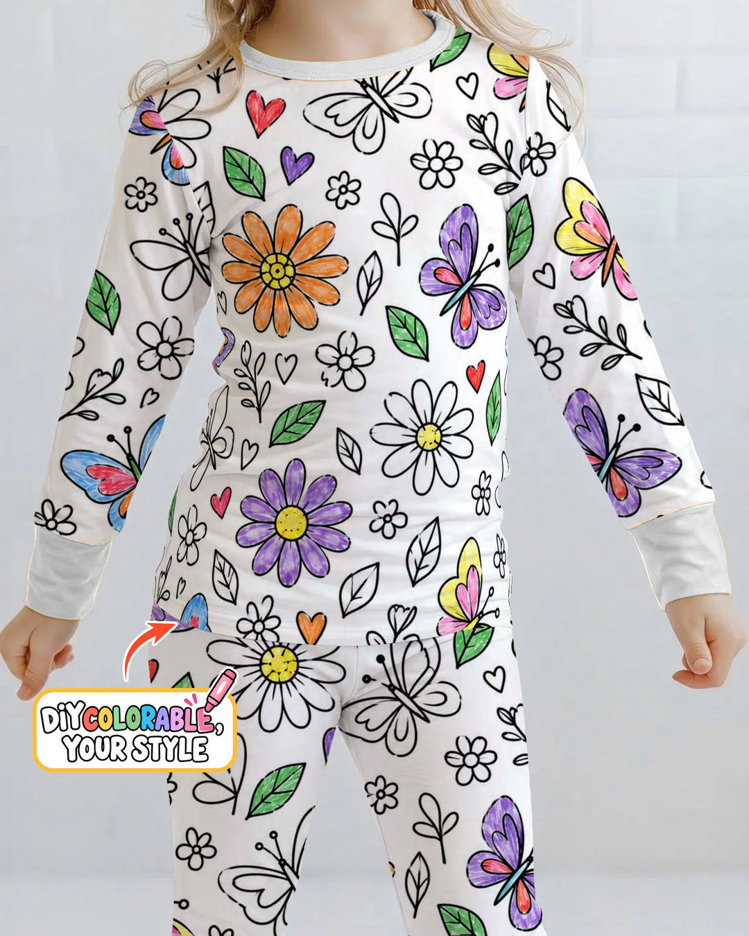 Butterfly Daisy Garden Doodles Colorable Bamboo Two Piece Long Sleeve Pajama Set