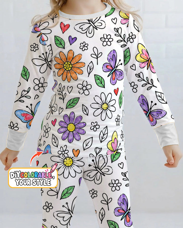 Butterfly Daisy Garden Doodles Colorable Bamboo Two Piece Long Sleeve Pajama Set