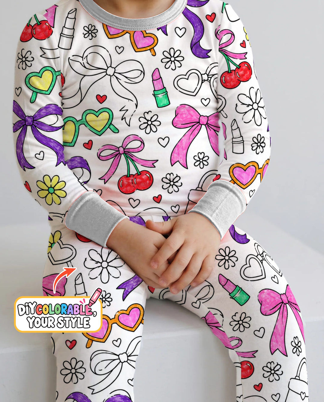 Girly Bows & Cherries Doodles Colorable Bamboo Two Piece Long Sleeve Pajama Set