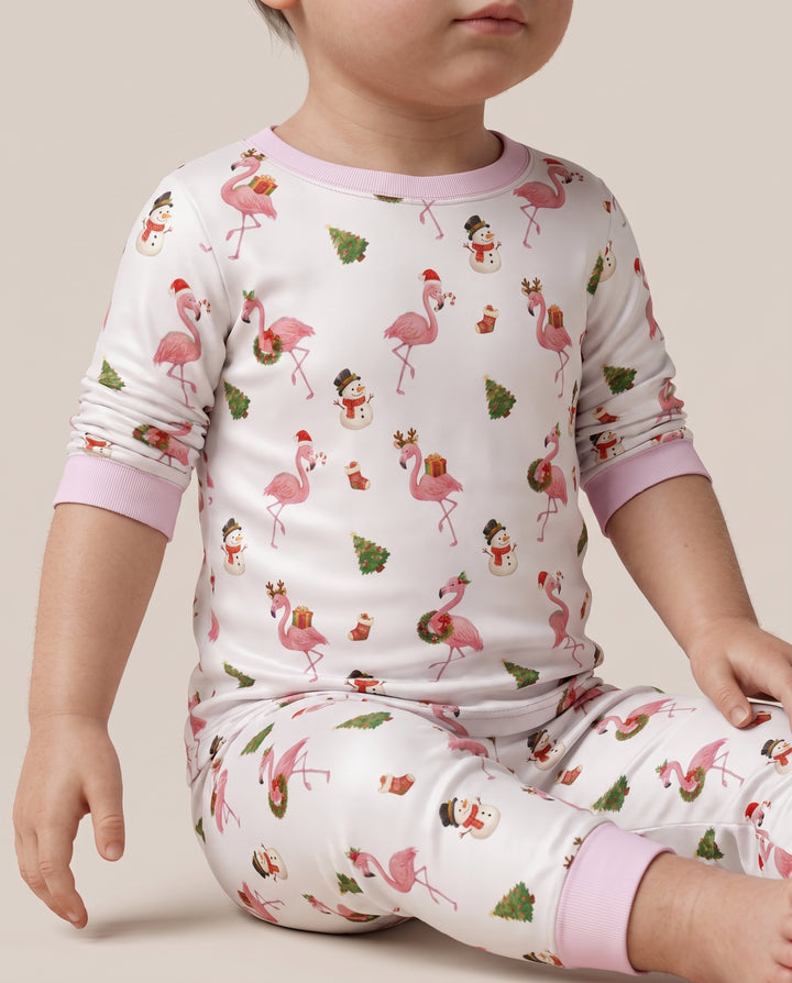 Flamingo Christmas Cheer Bamboo Two Piece Long Sleeve Pajama Set