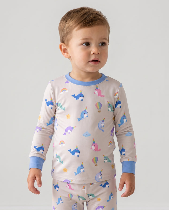 Stardust Cream Narwhal Dreams Bamboo Two Piece Long Sleeve Pajama Set