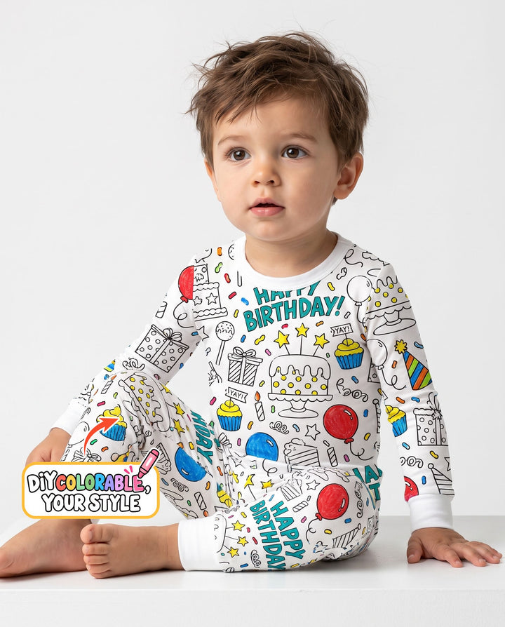 Happy Birthday Celebration Doodles Colorable Bamboo Two Piece Long Sleeve Pajama Set
