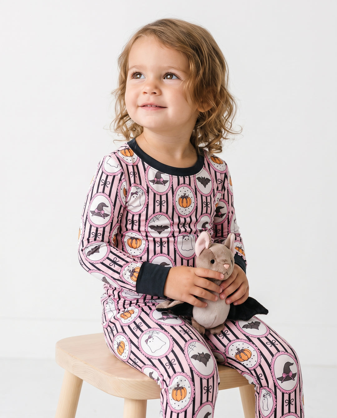 Glow In The Dark Pink Spooky Cameo Stripe Bamboo Two Piece Long Sleeve Pajama Set