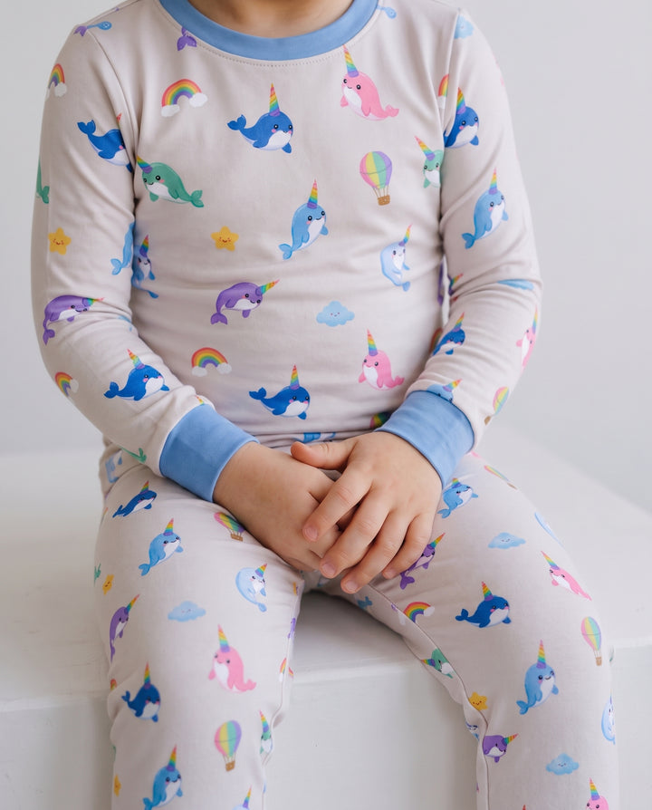 Stardust Cream Narwhal Dreams Bamboo Two Piece Long Sleeve Pajama Set