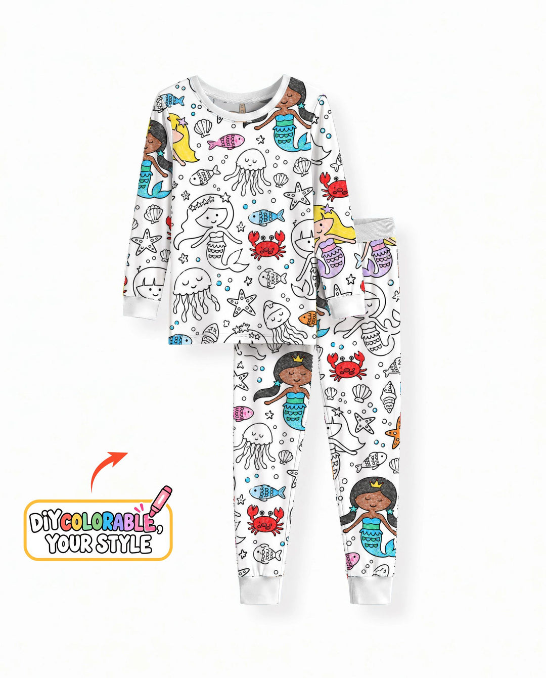 Under the Sea Mermaid Doodles Colorable Bamboo Two Piece Long Sleeve Pajama Set