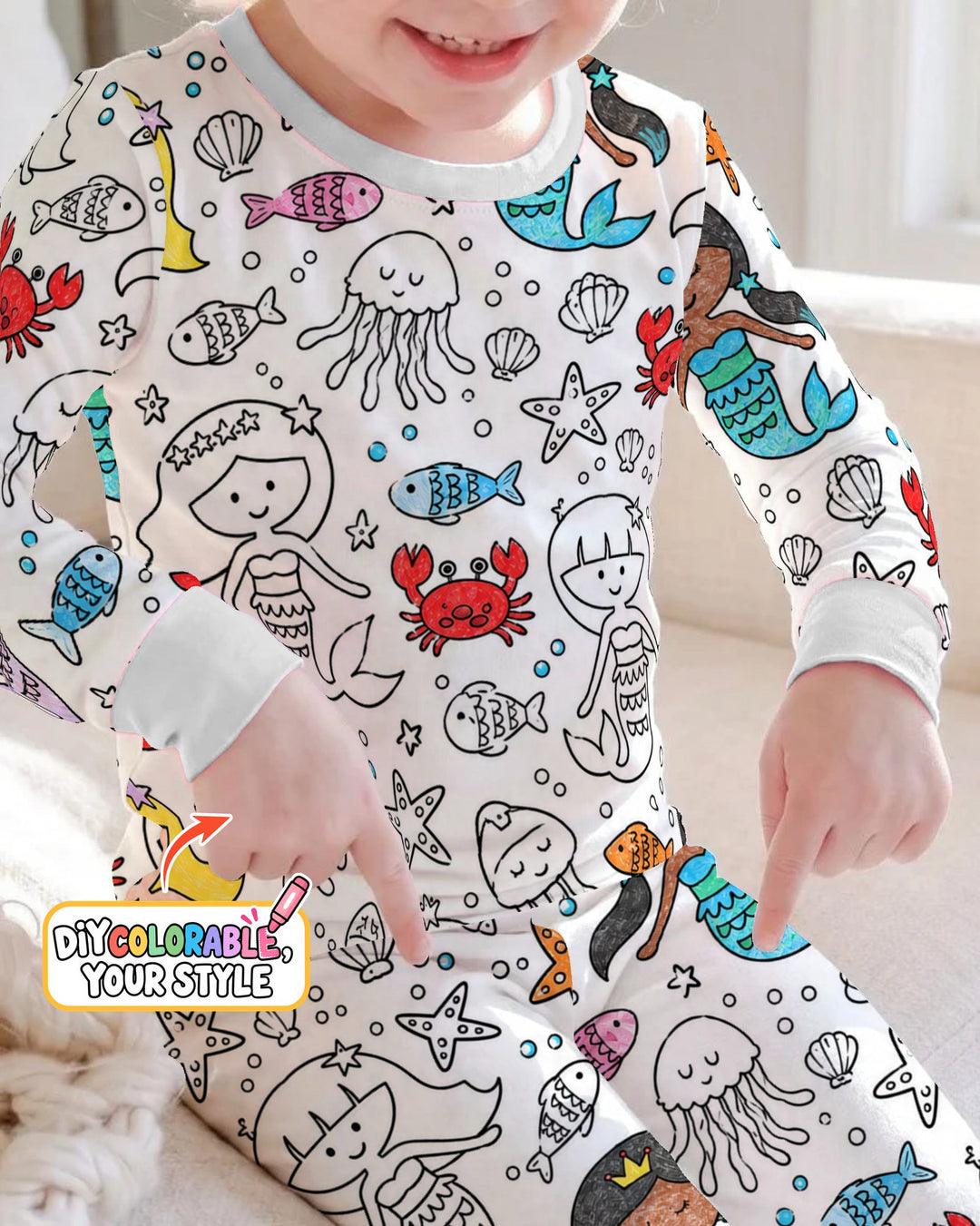 Under the Sea Mermaid Doodles Colorable Bamboo Two Piece Long Sleeve Pajama Set