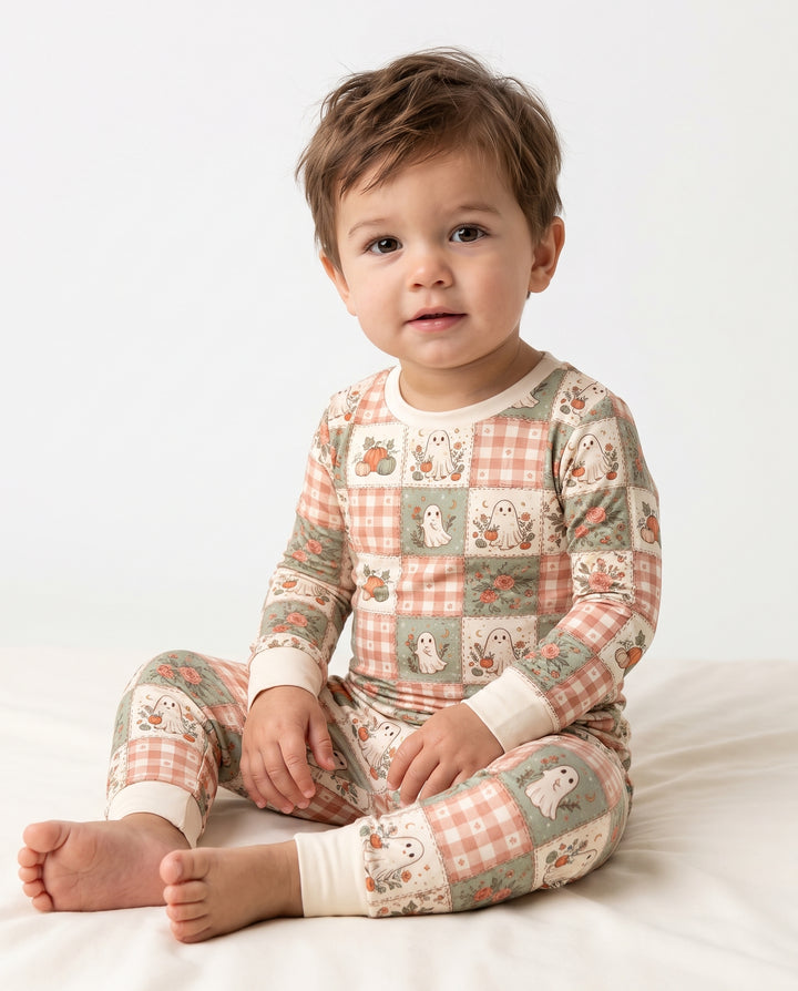 Vintage Ghost Pumpkin Patchwork Bamboo Two Piece Long Sleeve Pajama Set