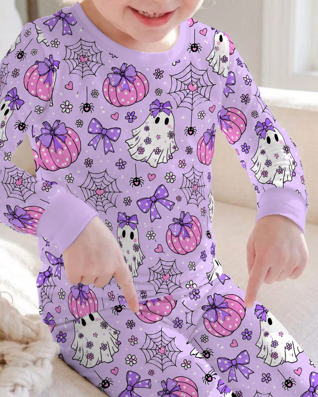 Purple Bow Ghost Halloween Bamboo Two Piece Long Sleeve Pajama Set