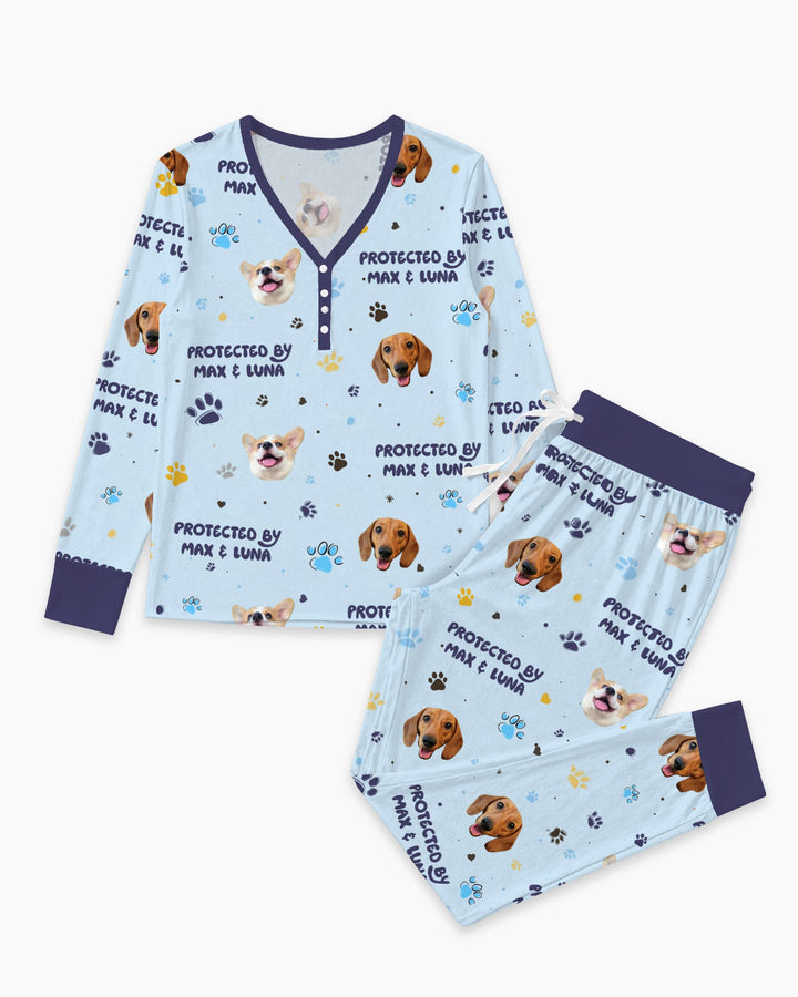 Custom Dog Photos "Protected By" Pawfect Blue Bamboo Women Pajama Set