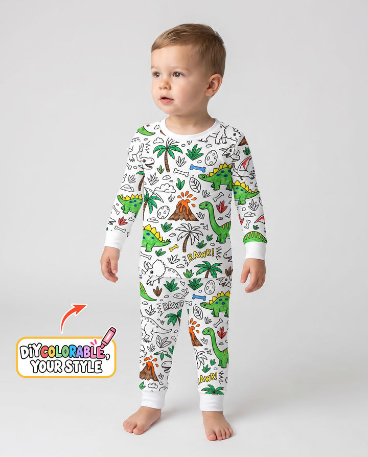 Dinosaur Prehistoric Adventure Colorable Bamboo Two Piece Long Sleeve Pajama Set