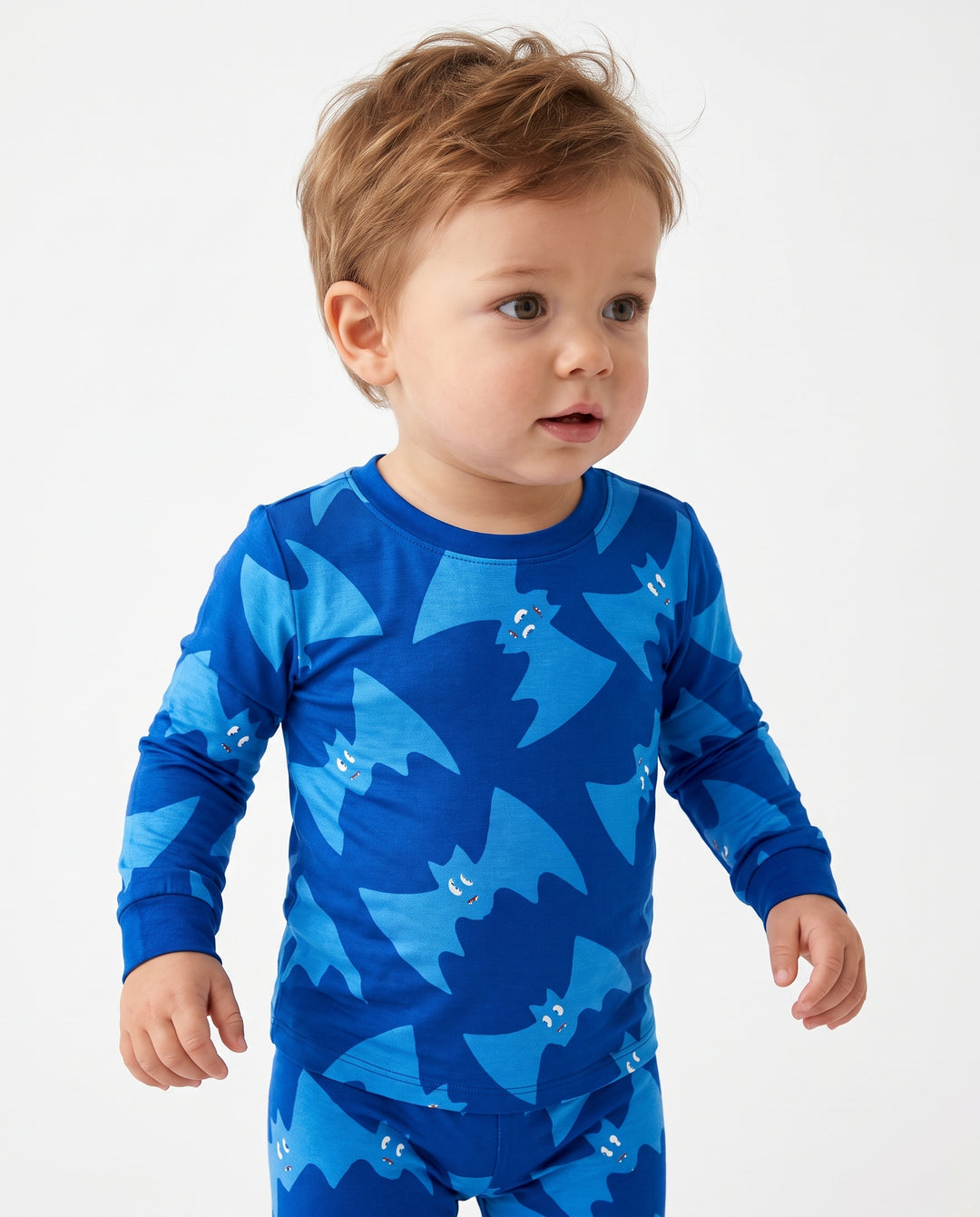 Glow In The Dark Electric Blue Bat Toss Bamboo Two Piece Long Sleeve Pajama Set