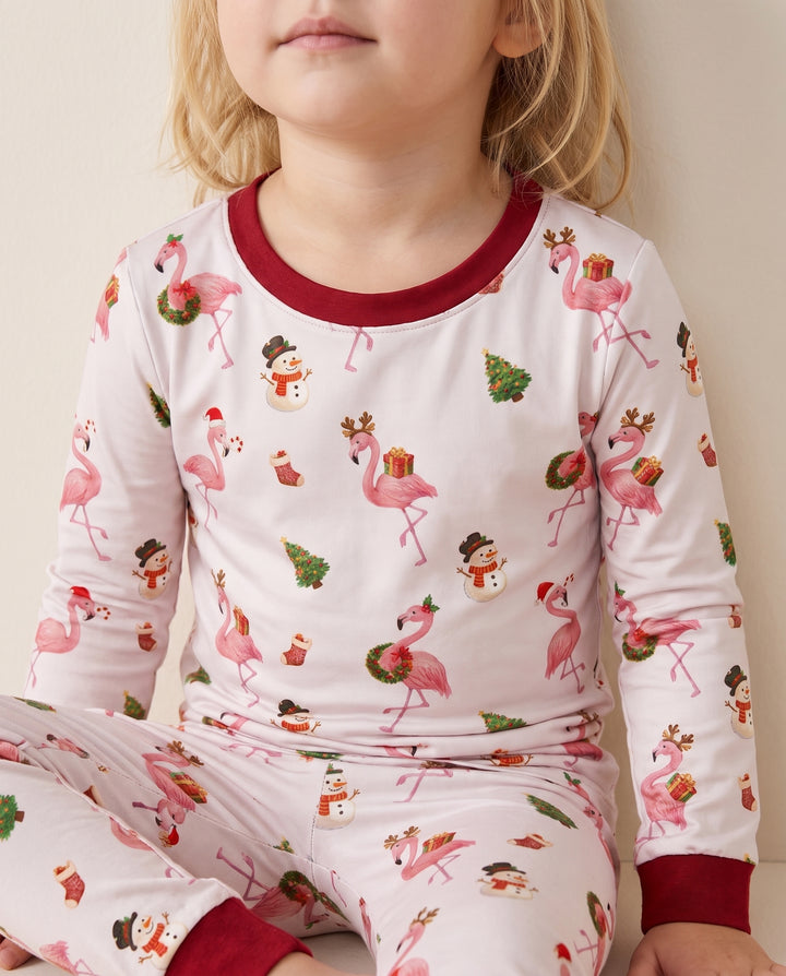 Whimsical Twilight Flamingo Christmas Cheer Bamboo Two Piece Long Sleeve Pajama Set