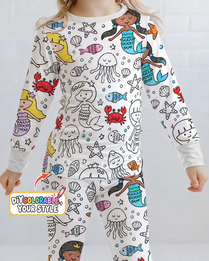 Under the Sea Mermaid Doodles Colorable Bamboo Two Piece Long Sleeve Pajama Set