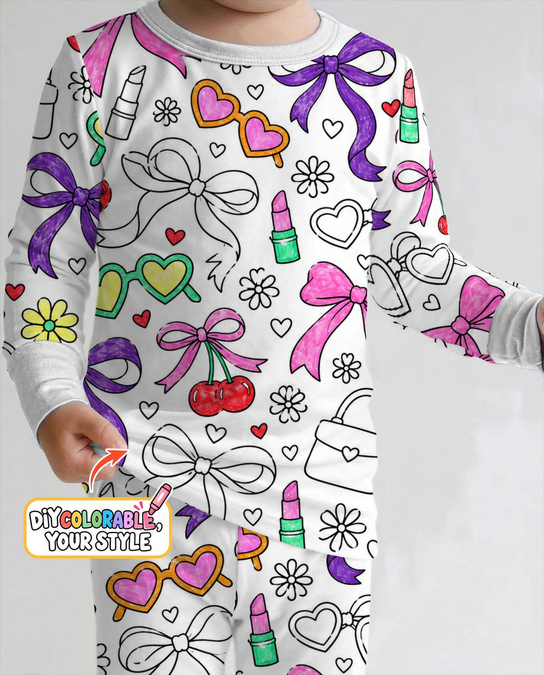 Girly Bows & Cherries Doodles Colorable Bamboo Two Piece Long Sleeve Pajama Set