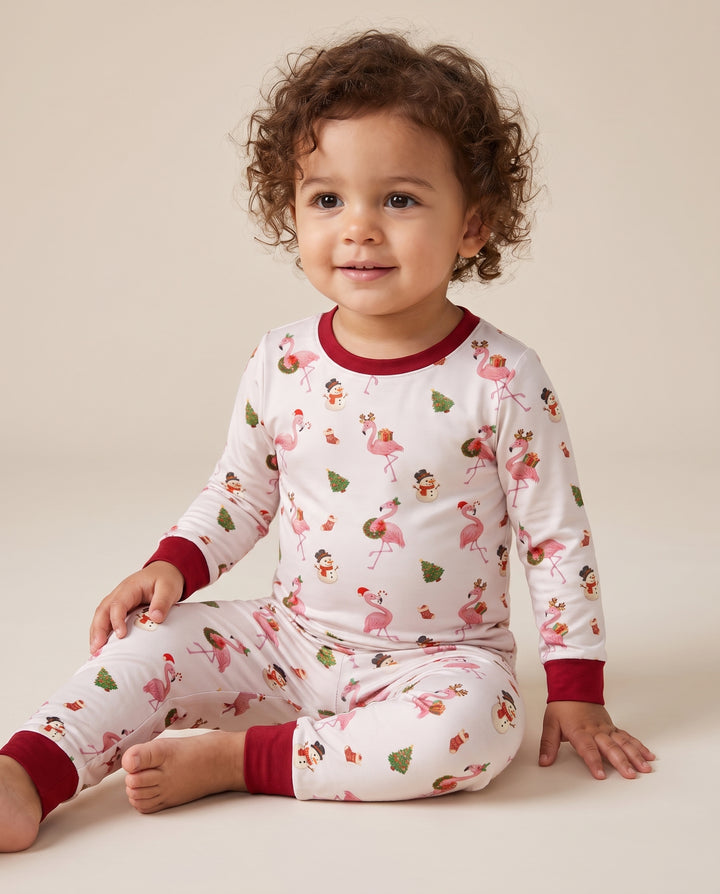 Whimsical Twilight Flamingo Christmas Cheer Bamboo Two Piece Long Sleeve Pajama Set