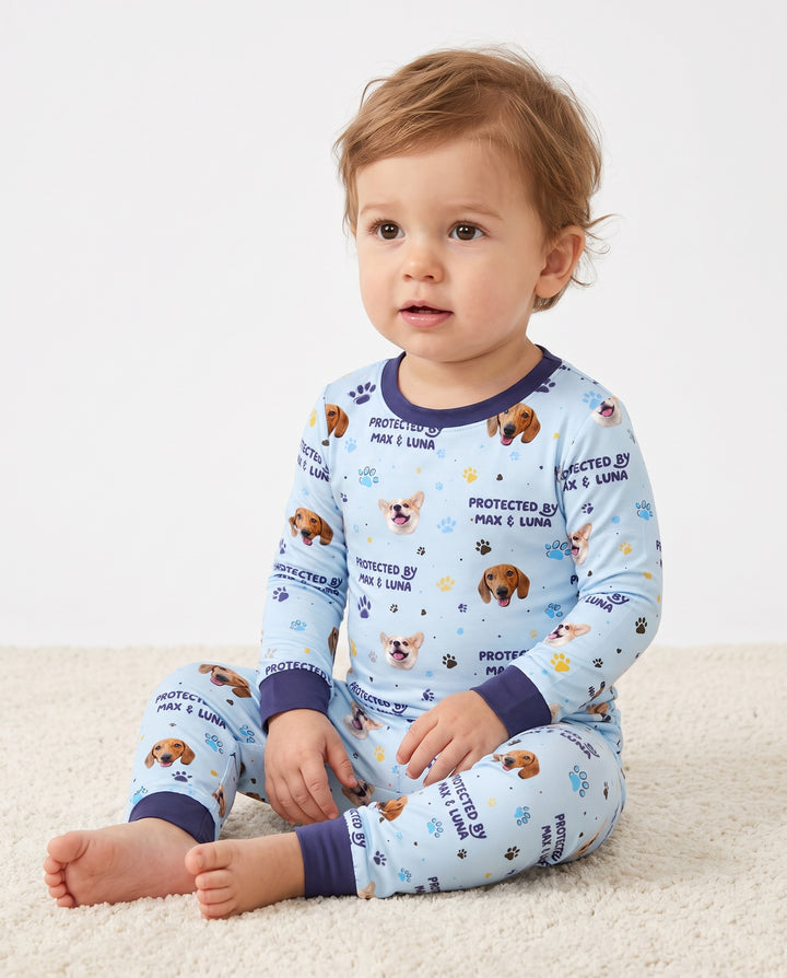 Custom Dog Photos "Protected By" Pawfect Blue Bamboo Two Piece Long Sleeve Pajama Set