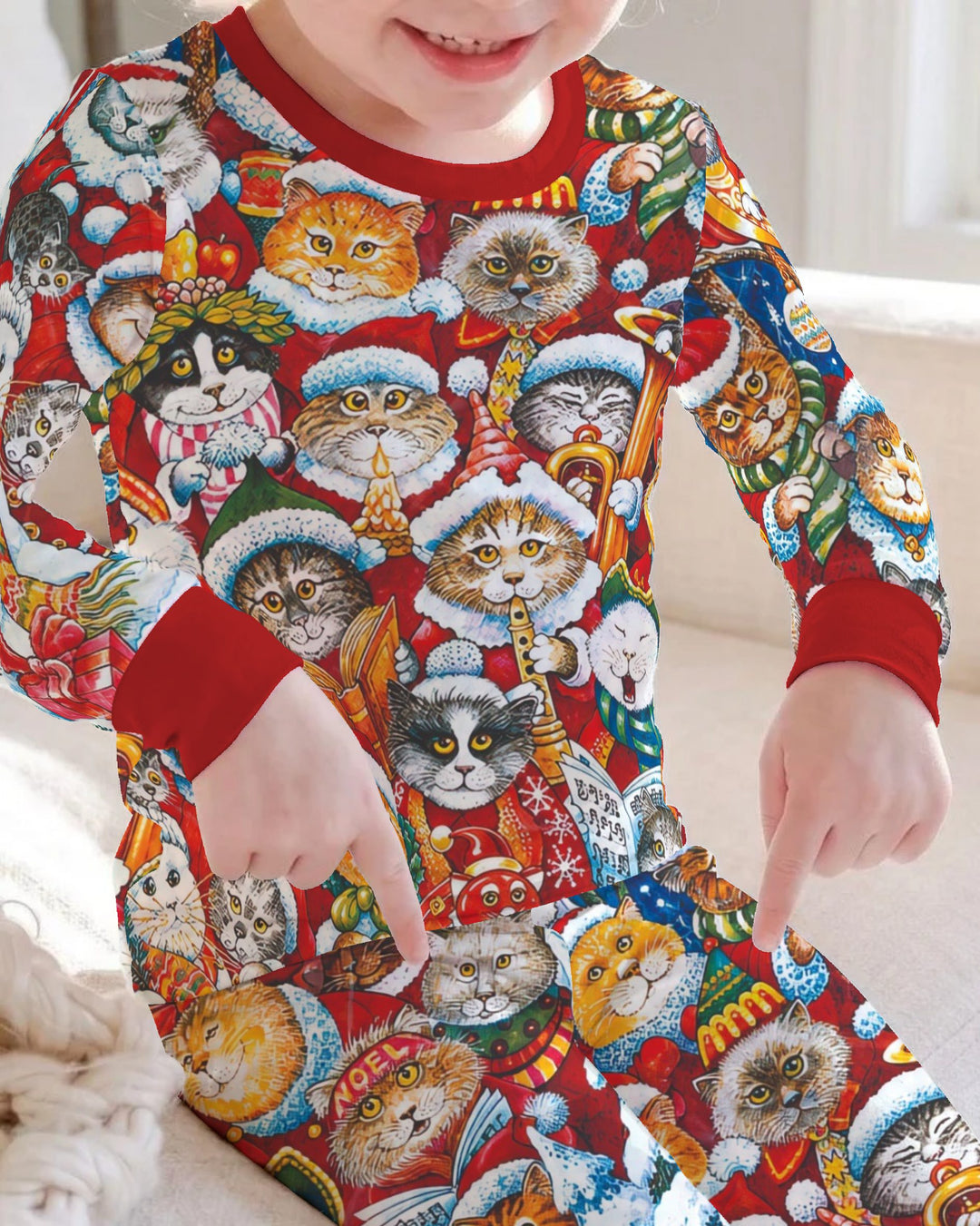 Cat Wears Noel Hat Bamboo Two Piece Long Sleeve Pajama Set