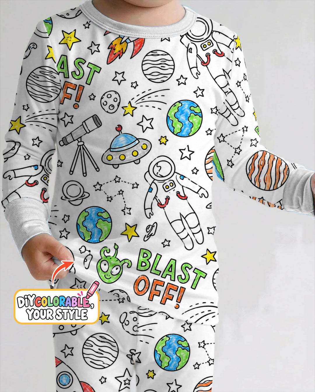 Blast Off Space Adventure Colorable Bamboo Two Piece Long Sleeve Pajama Set