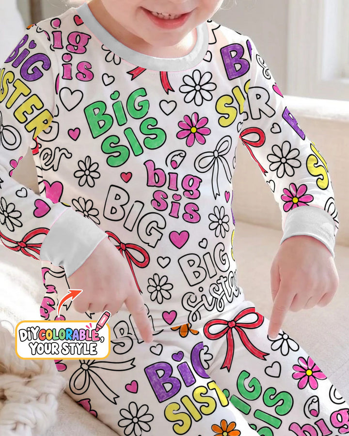 Big Sister Bows & Flowers Colorable Bamboo Two Piece Long Sleeve Pajama Set