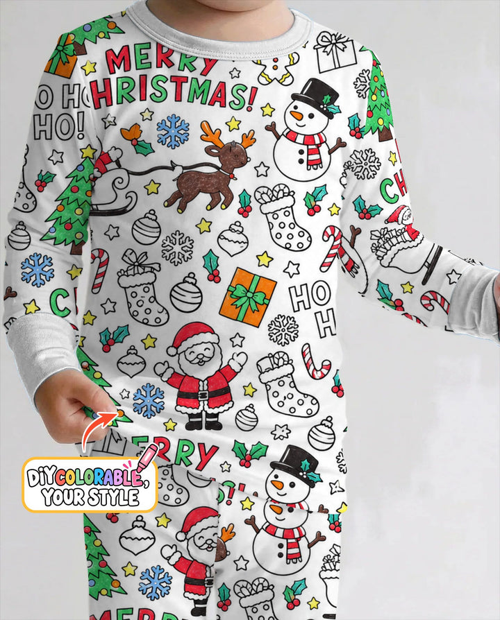 Merry Christmas Doodle Party Colorable Bamboo Two Piece Long Sleeve Pajama Set
