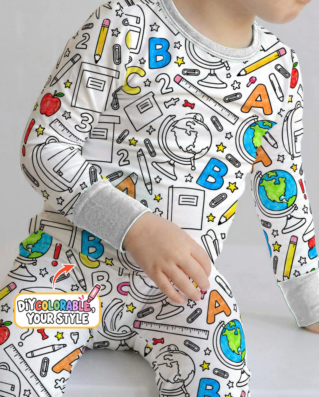 Back to School Doodle Supplies Colorable Bamboo Two Piece Long Sleeve Pajama Set