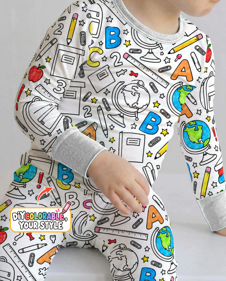 Back to School Doodle Supplies Colorable Bamboo Two Piece Long Sleeve Pajama Set