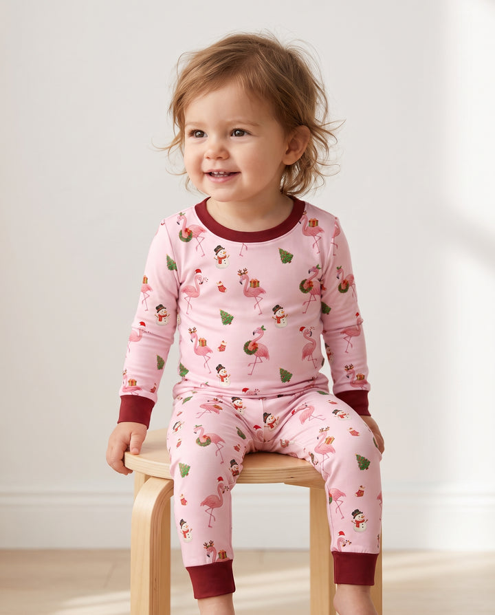 Candy Floss Flamingo Christmas Cheer Bamboo Two Piece Long Sleeve Pajama Set