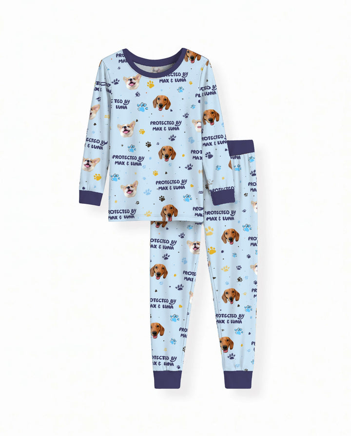 Custom Dog Photos "Protected By" Pawfect Blue Bamboo Two Piece Long Sleeve Pajama Set