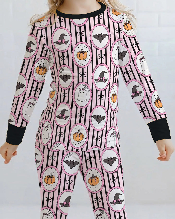 Glow In The Dark Pink Spooky Cameo Stripe Bamboo Two Piece Long Sleeve Pajama Set