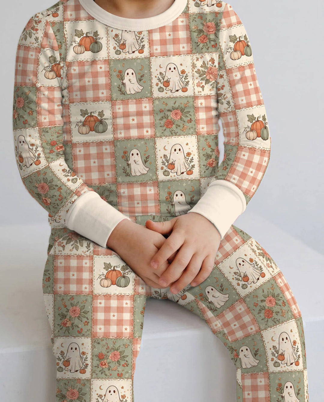 Vintage Ghost Pumpkin Patchwork Bamboo Two Piece Long Sleeve Pajama Set