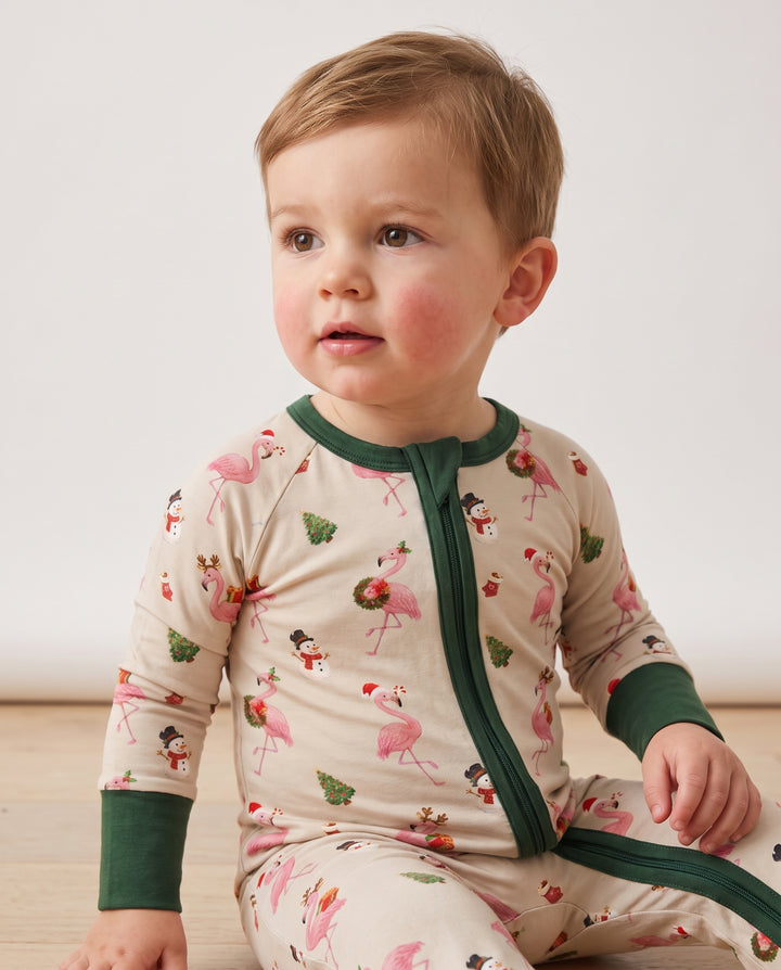 Gingerbread Cozy Flamingo Christmas Cheer Bamboo Convertible Zipper Romper