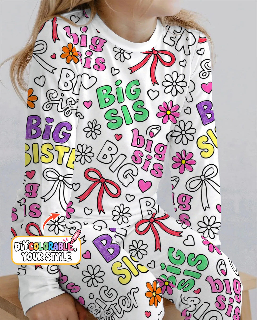 Big Sister Bows & Flowers Colorable Bamboo Two Piece Long Sleeve Pajama Set