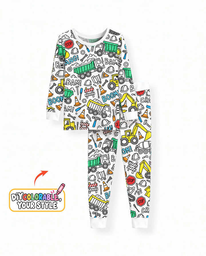 Construction Trucks Doodle Crew Colorable Bamboo Two Piece Long Sleeve Pajama Set