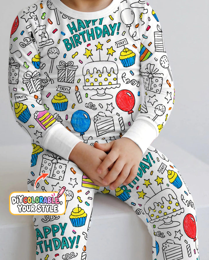 Happy Birthday Celebration Doodles Colorable Bamboo Two Piece Long Sleeve Pajama Set