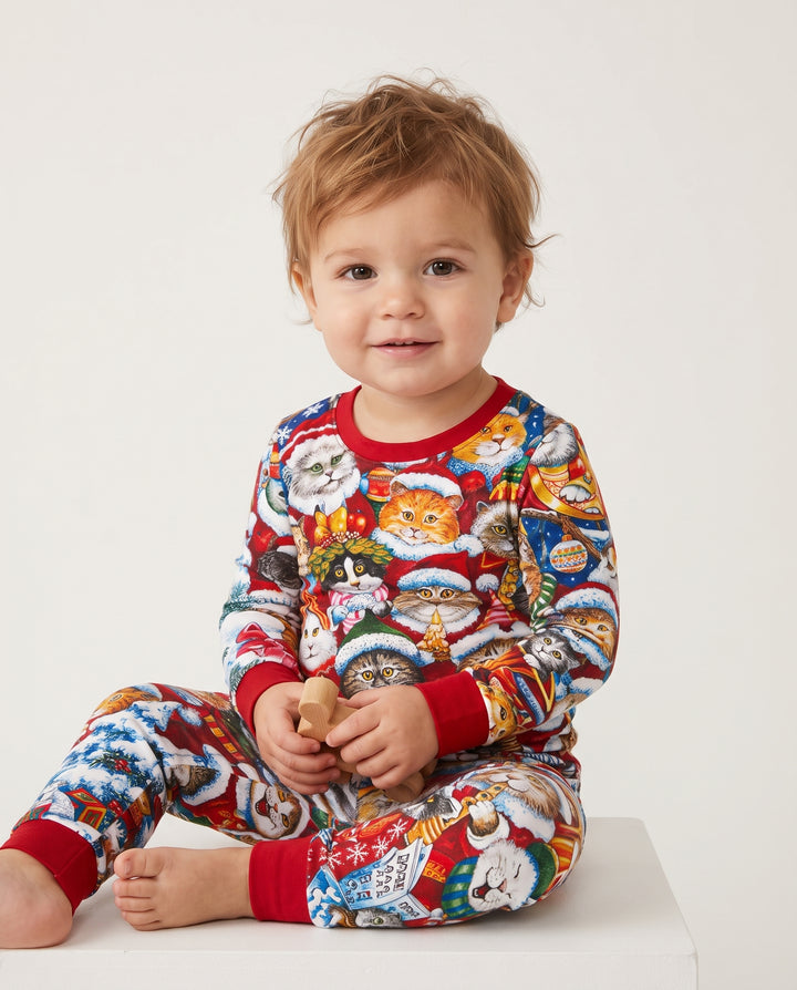 Cat Wears Noel Hat Bamboo Two Piece Long Sleeve Pajama Set