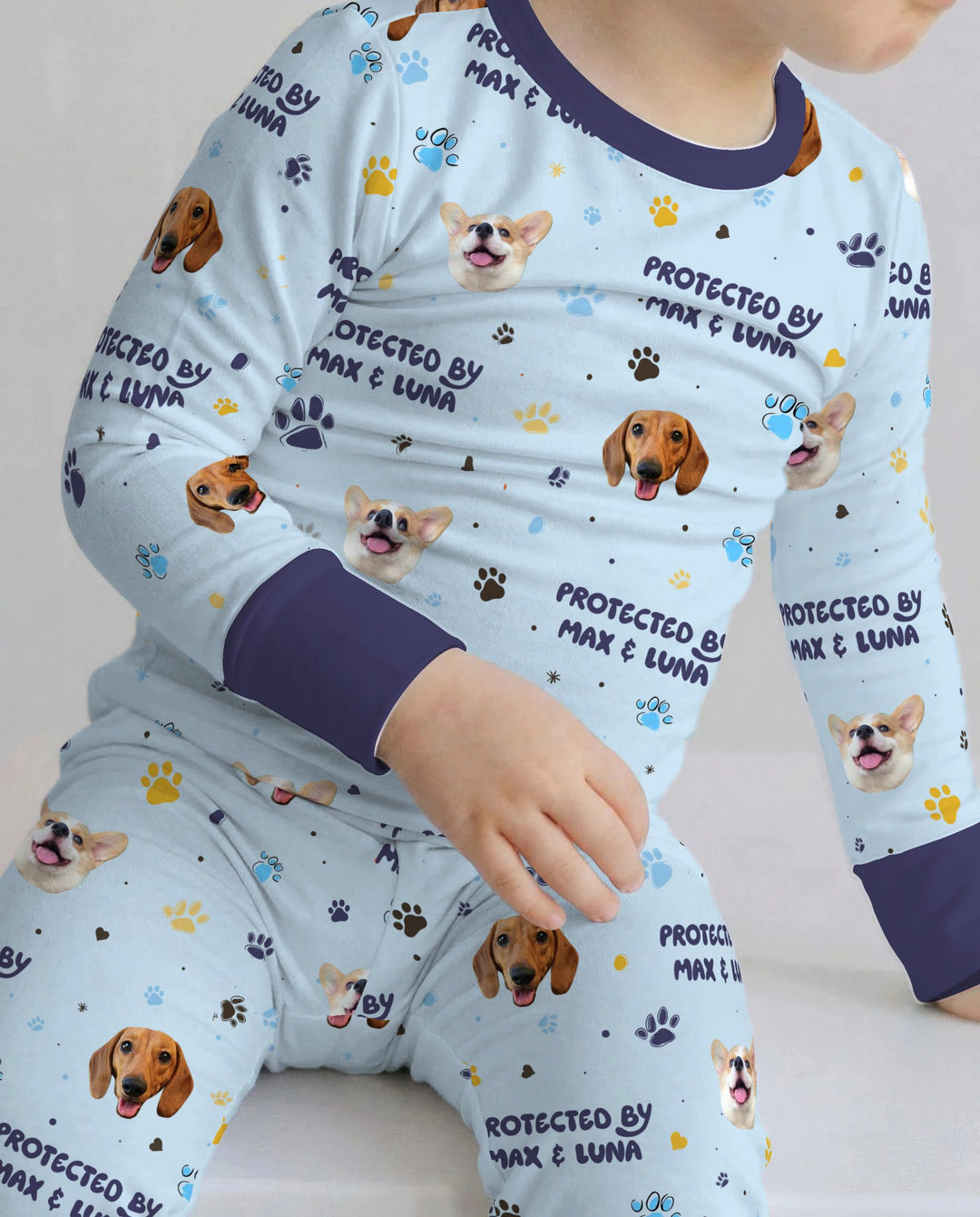 Custom Dog Photos "Protected By" Pawfect Blue Bamboo Two Piece Long Sleeve Pajama Set