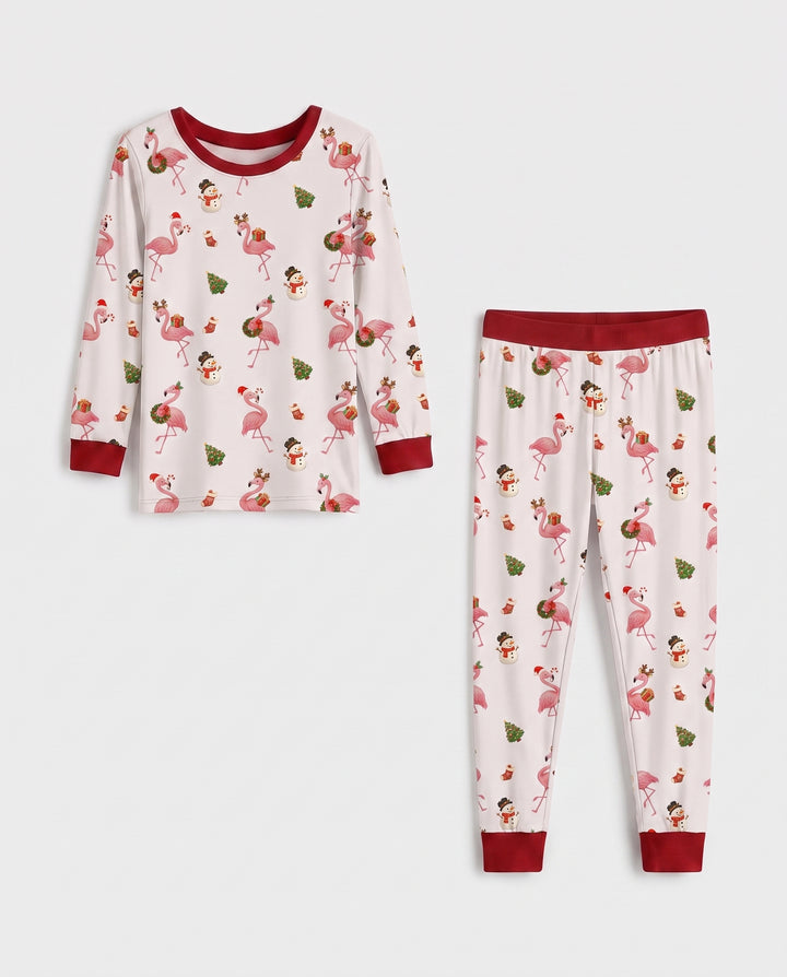 Whimsical Twilight Flamingo Christmas Cheer Bamboo Two Piece Long Sleeve Pajama Set