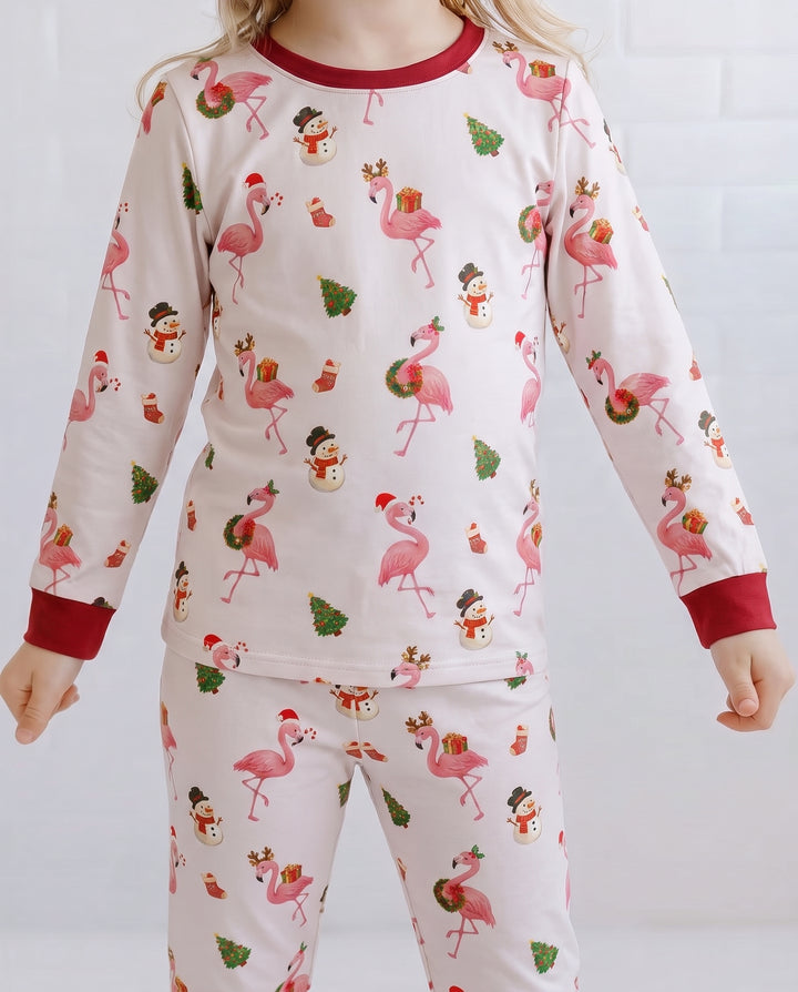 Whimsical Twilight Flamingo Christmas Cheer Bamboo Two Piece Long Sleeve Pajama Set