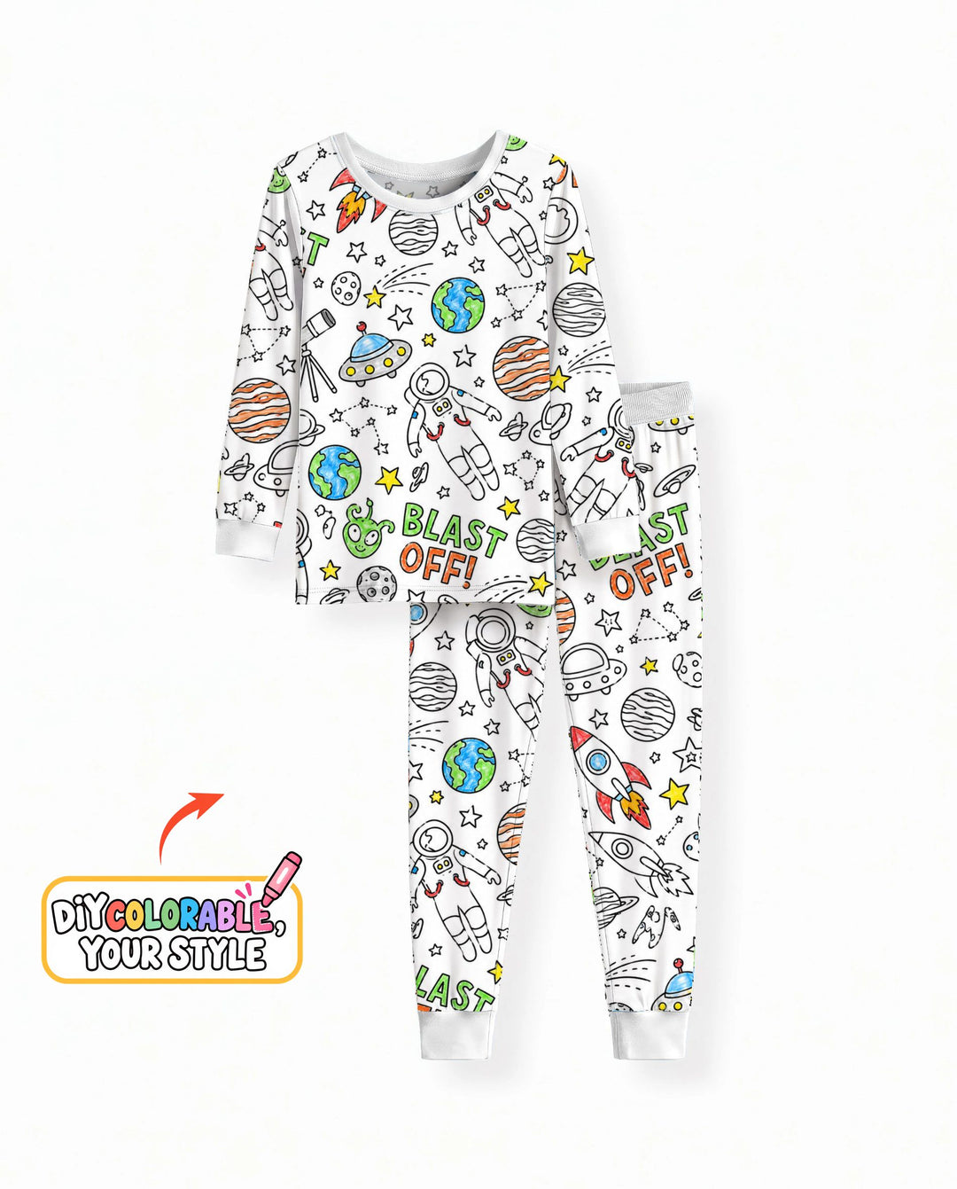 Blast Off Space Adventure Colorable Bamboo Two Piece Long Sleeve Pajama Set