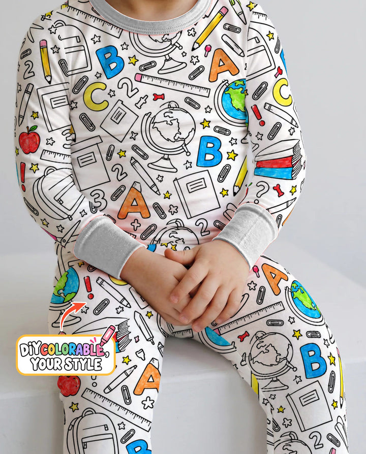 Back to School Doodle Supplies Colorable Bamboo Two Piece Long Sleeve Pajama Set