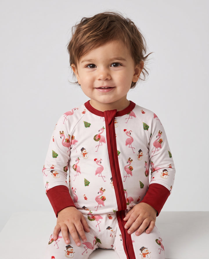 Whimsical Twilight Flamingo Christmas Cheer Bamboo Convertible Zipper Romper