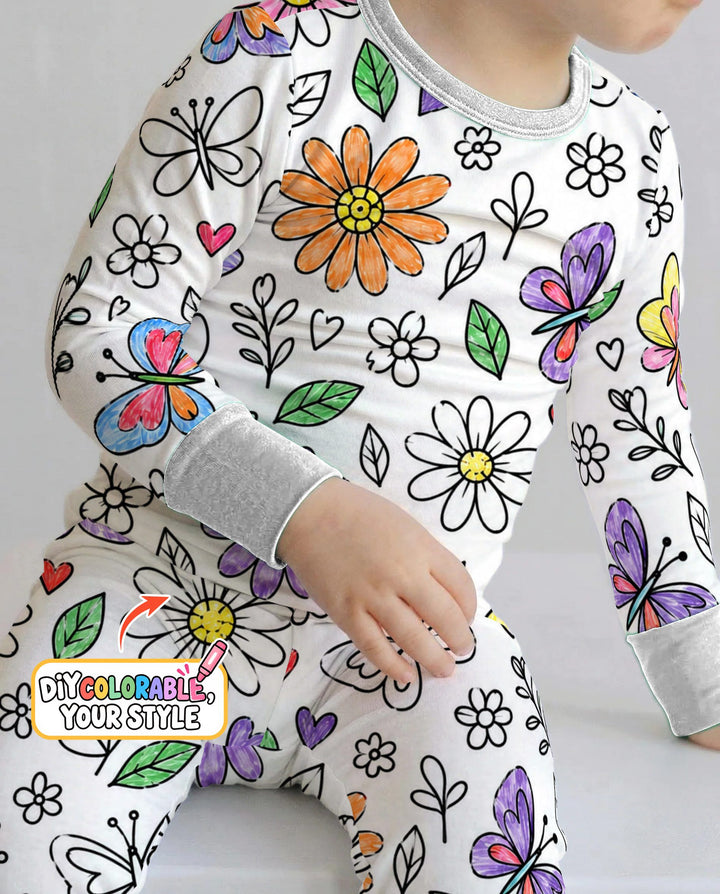 Butterfly Daisy Garden Doodles Colorable Bamboo Two Piece Long Sleeve Pajama Set