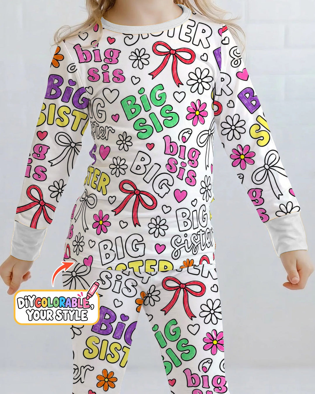 Big Sister Bows & Flowers Colorable Bamboo Two Piece Long Sleeve Pajama Set